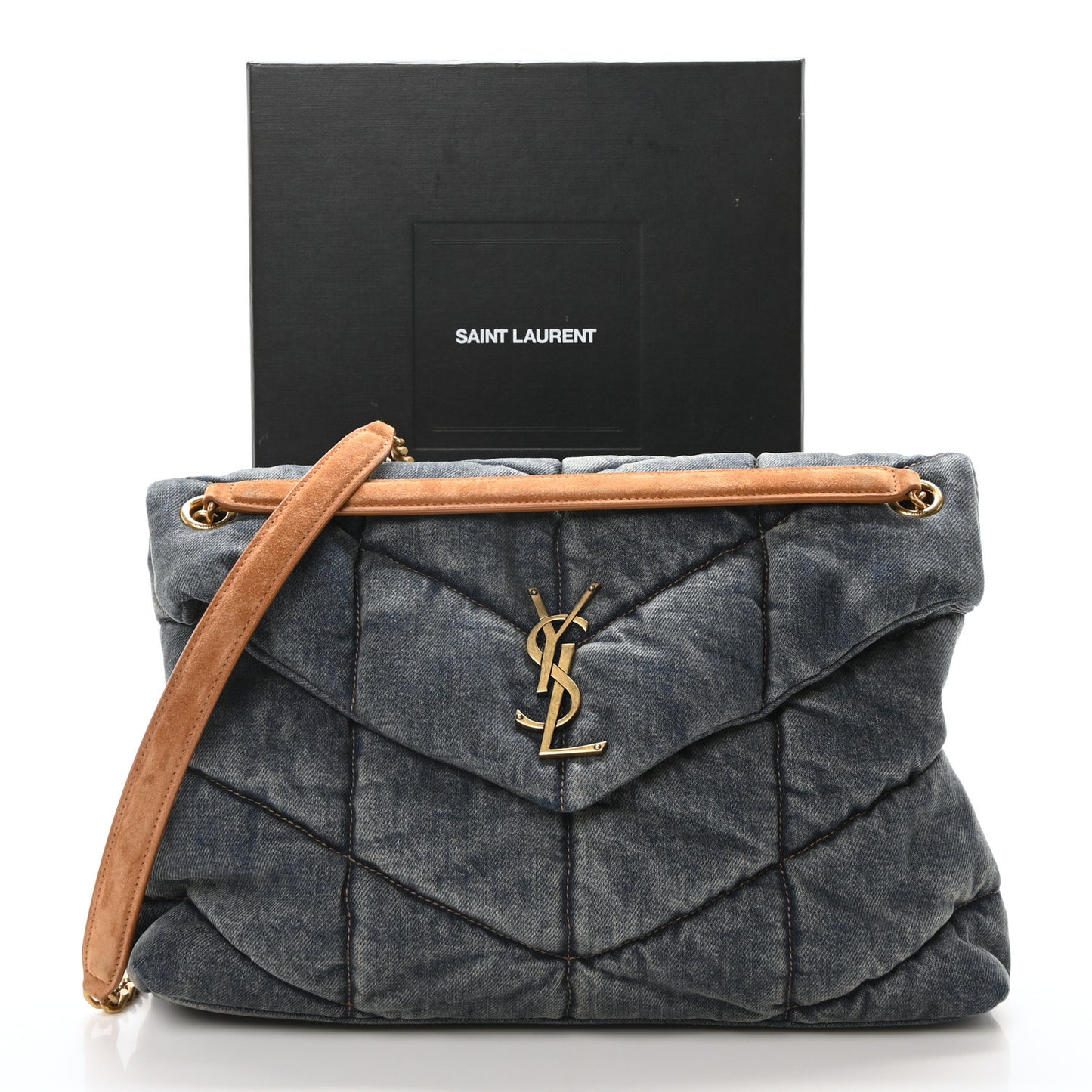 Denim Quilted Medium Loulou Puffer Monogram Chain Satchel Blue Cinnamon
