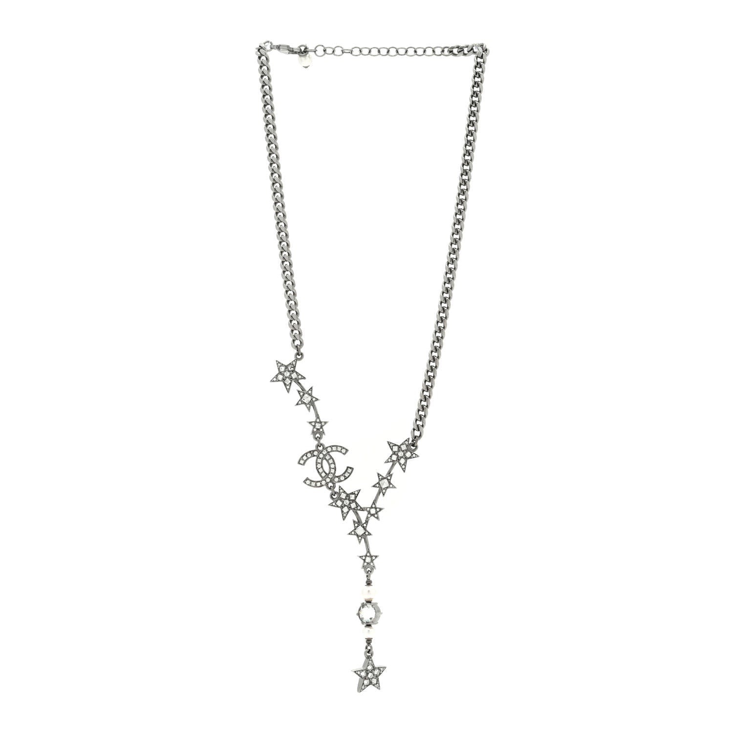 Chanel Crystal Pearl CC Star Necklace Silver 3 of 5