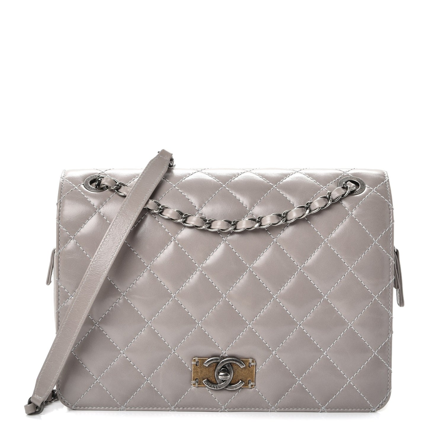 Glazed Calfskin Quilted Medium Day Trip Flap Grey