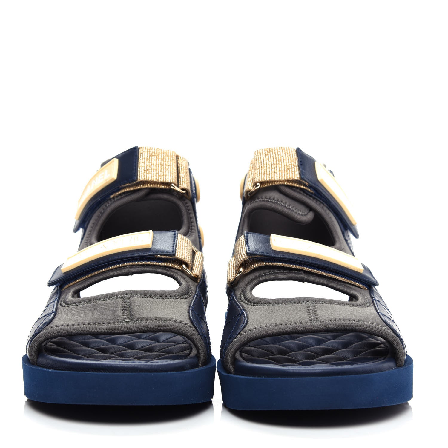 Chanel Goatskin Fabric TPU Gladiator Sandals 37 Navy Dark Grey Yellow 2 of 11