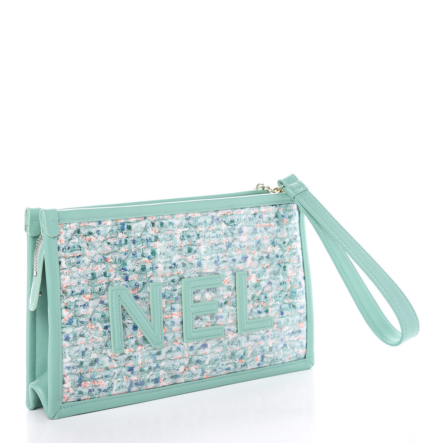 Tweed Lambskin PVC Quilted Wristlet Pouch Green