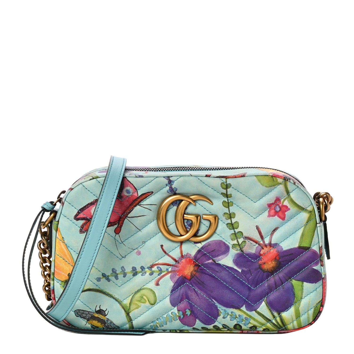 Gucci X UNSKILLED WORKER Calfskin Matelasse Flora Painted Small GG Marmont Chain Shoulder Bag Cloudy Blue Multicolor 1 of 14