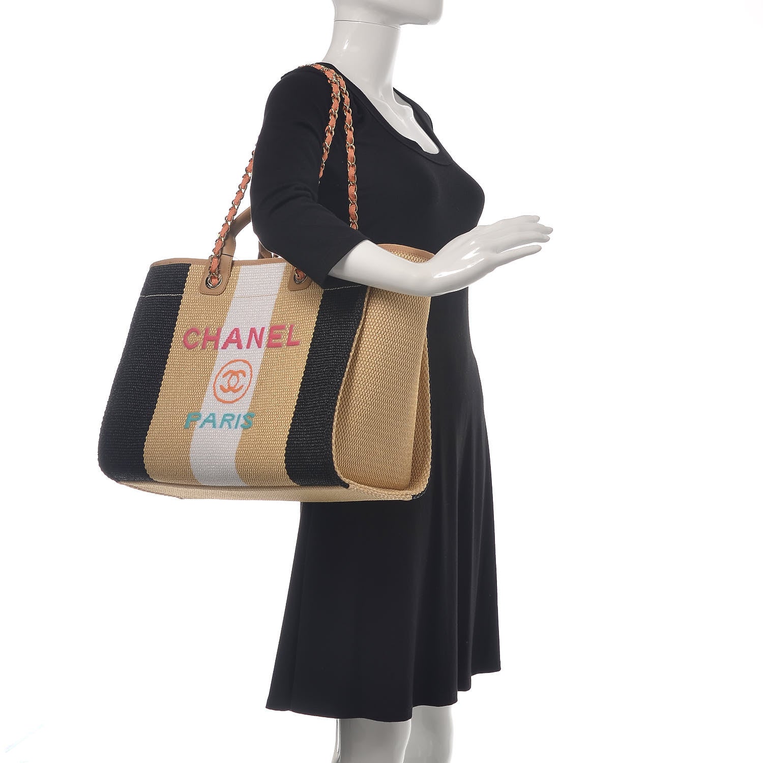 Chanel Straw Raffia Calfskin Striped Large Deauville Tote Black Beige Ivory 2 of 9