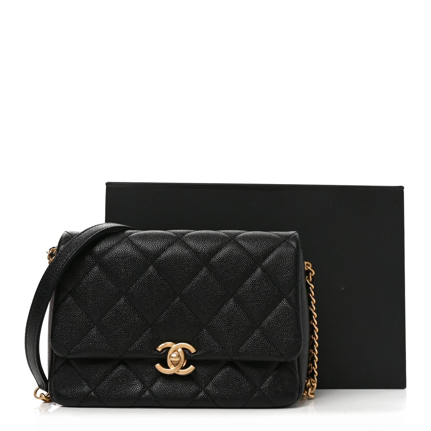 Shiny Caviar Quilted Small Chain Melody Flap Black