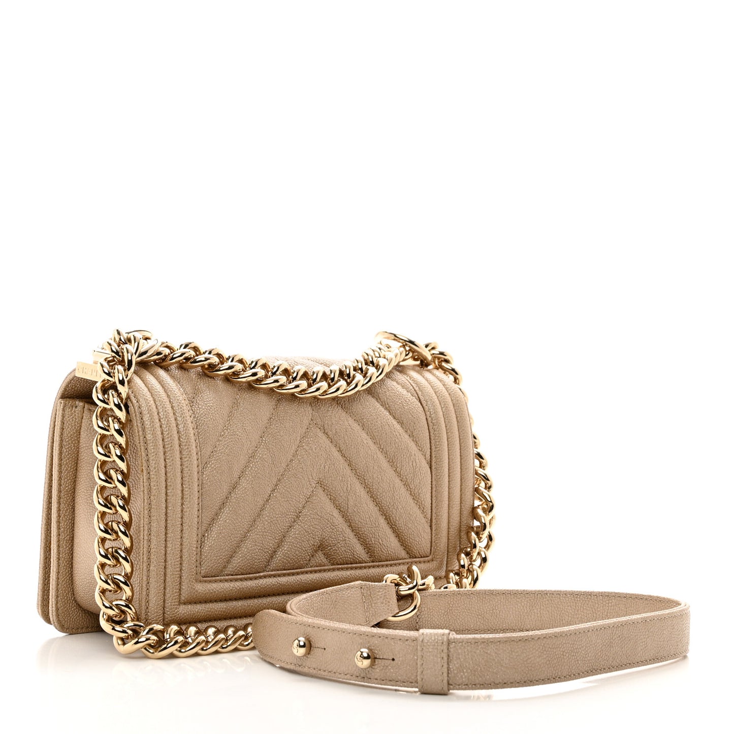 Iridescent Caviar Chevron Quilted Small Boy Flap Beige