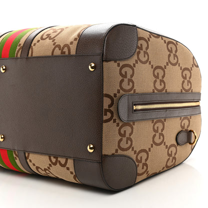 Gucci Monogram Jumbo GG Textured Dollar Calfskin Web Maxi Duffle Bag Camel Ebony 8 of 8
