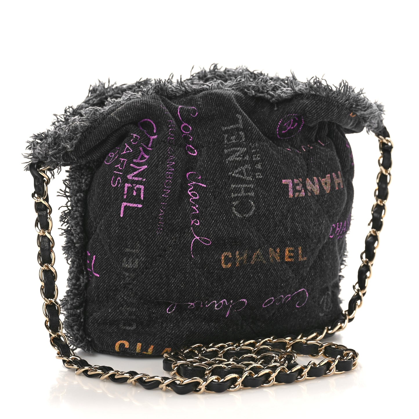 Denim Quilted Mood Bucket With Chain Black Multicolor