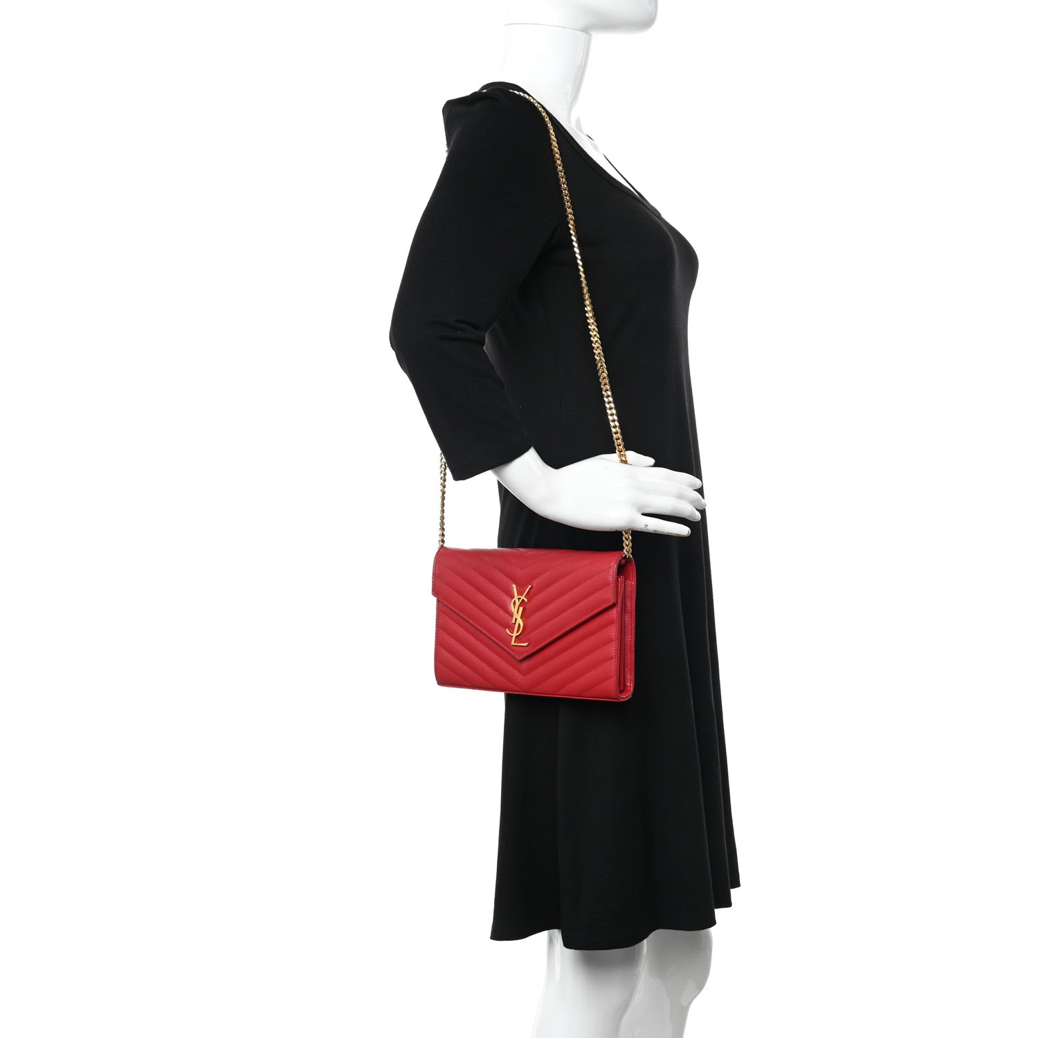 Saint Laurent Grain De Poudre Matelasse Chevron Monogram Chain Wallet New Red 2 of 8