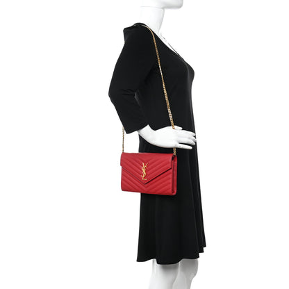 Saint Laurent Grain De Poudre Matelasse Chevron Monogram Chain Wallet New Red 2 of 8
