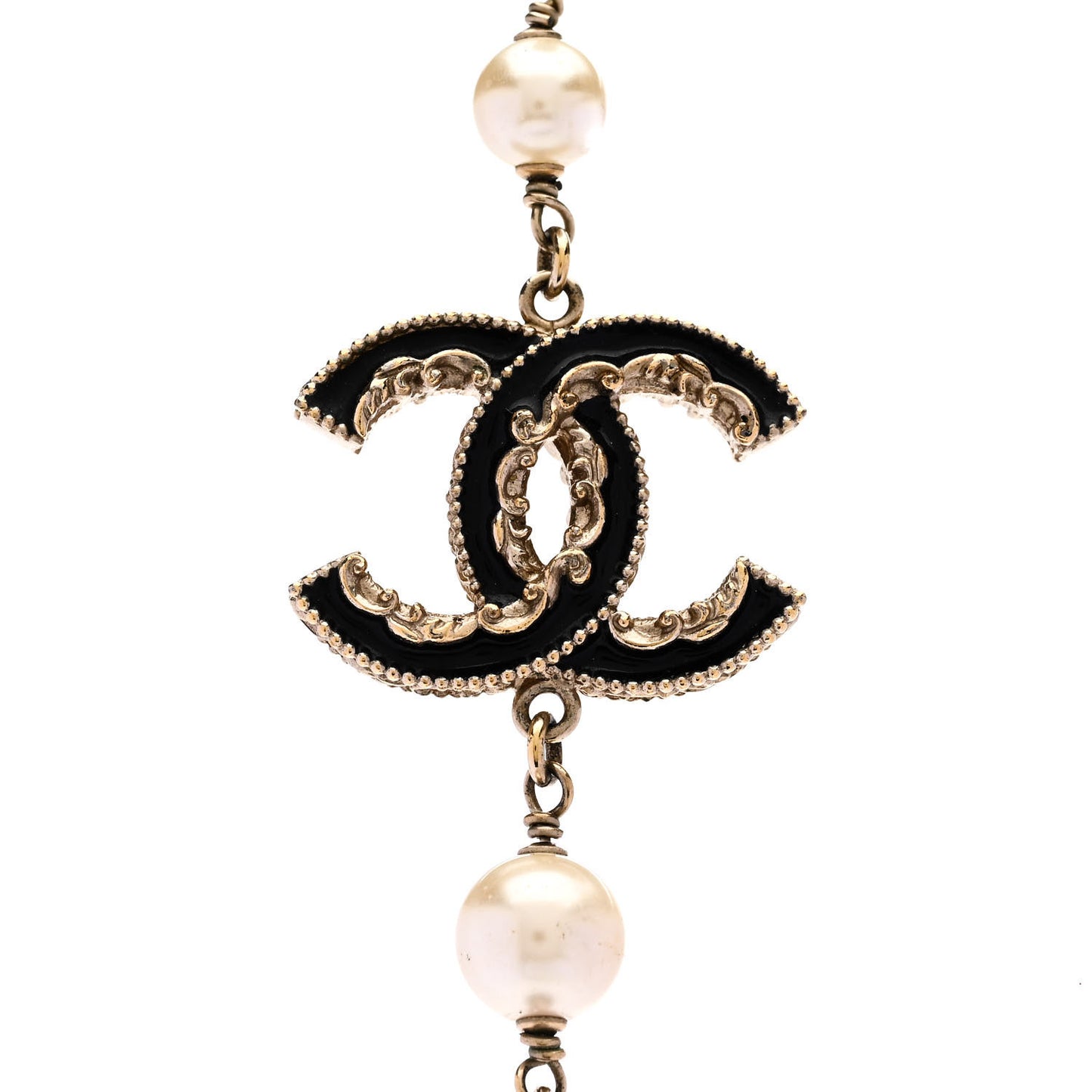 Pearl Enamel Beaded CC Baroque Long Necklace Black White Gold