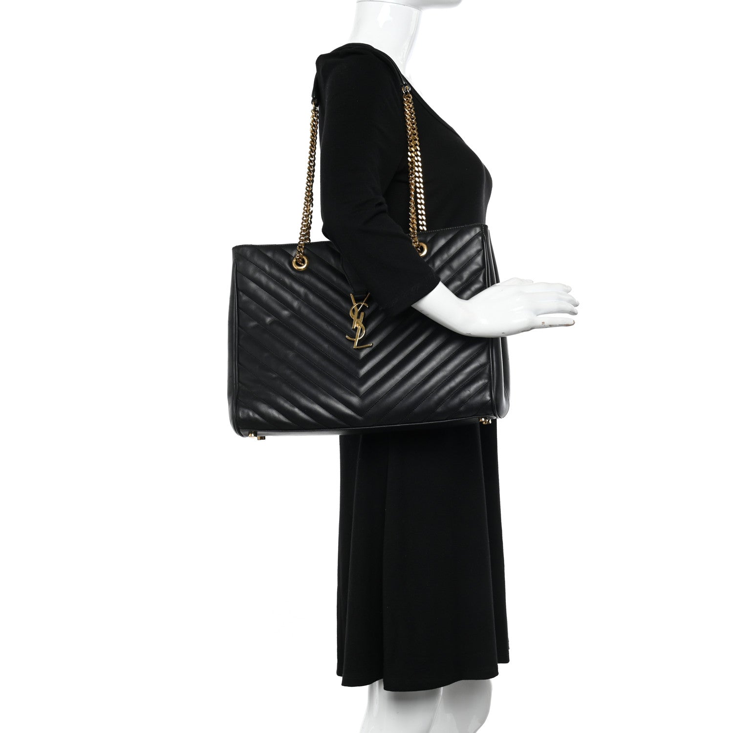 Saint Laurent Lambskin Matelasse Chevron Monogram Shopping Bag Black 2 of 11