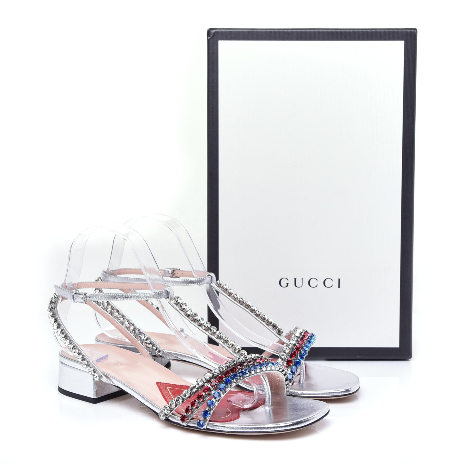 Gucci Nappa Silk Crystal Bertie T-Strap Low Heel Sandals 39 Argento 9 of 13