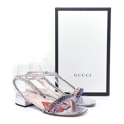 Gucci Nappa Silk Crystal Bertie T-Strap Low Heel Sandals 39 Argento 9 of 13