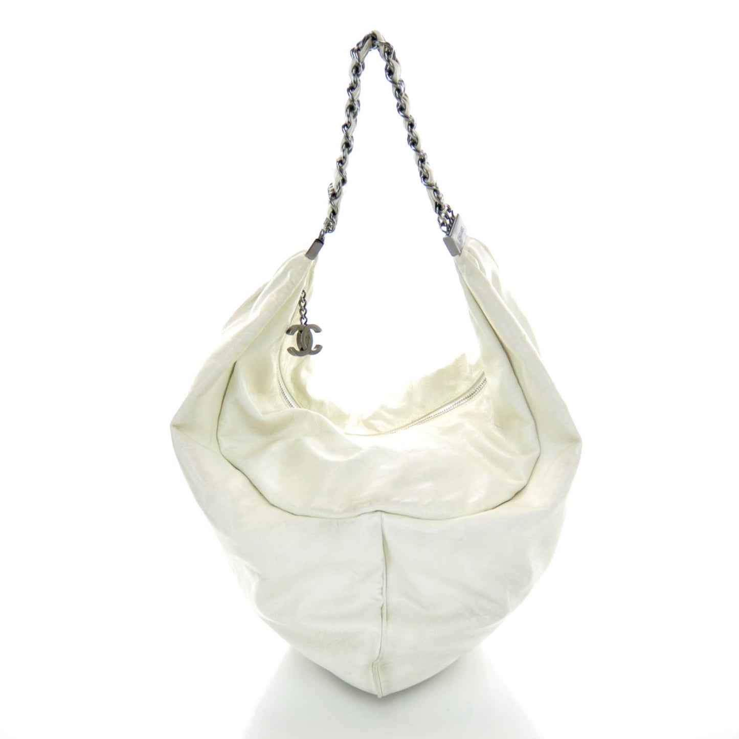 Lambskin Large Rock and Chain Hobo White
