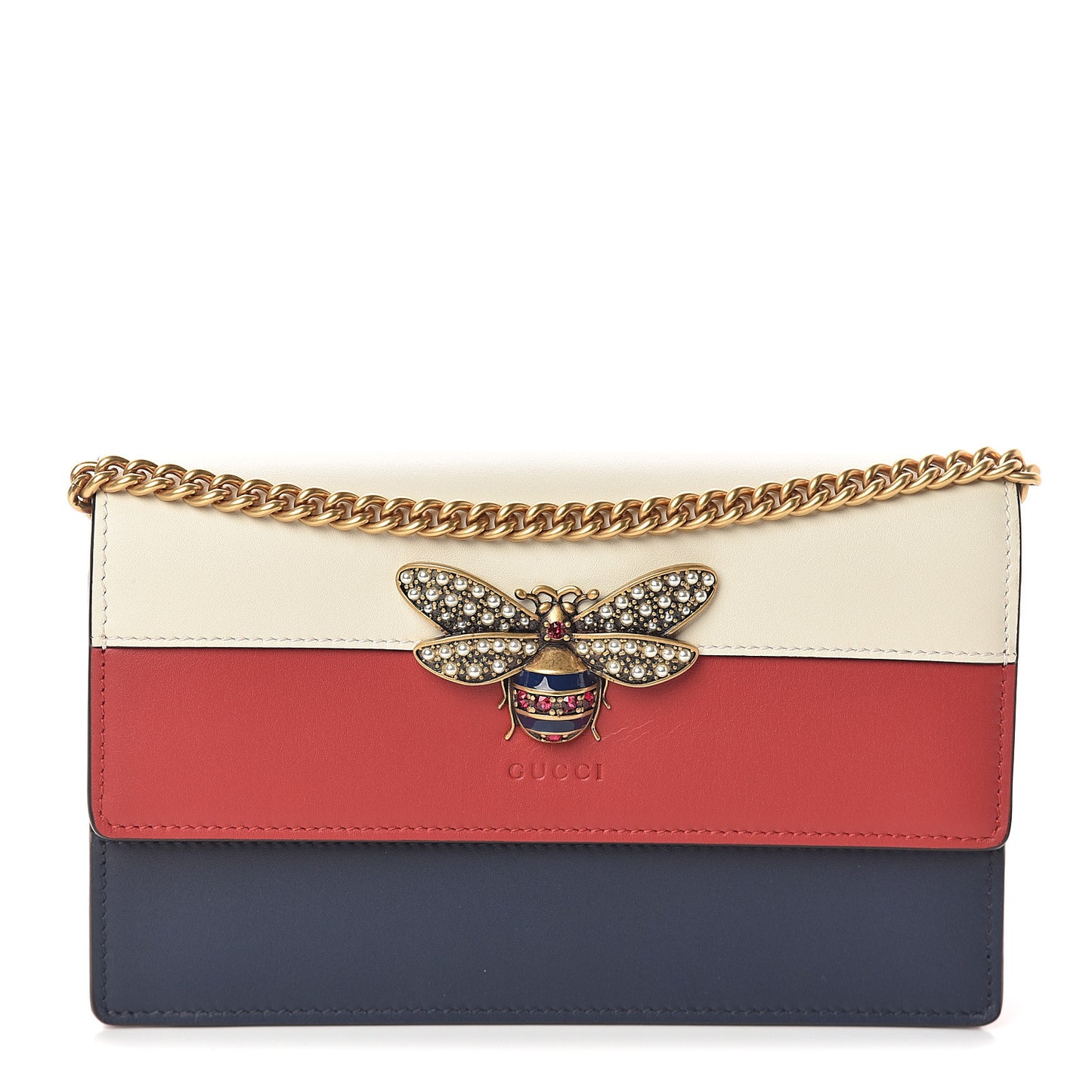 Calfskin Queen Margaret Chain Wallet Blue Agata Hibiscus Red Mystic White