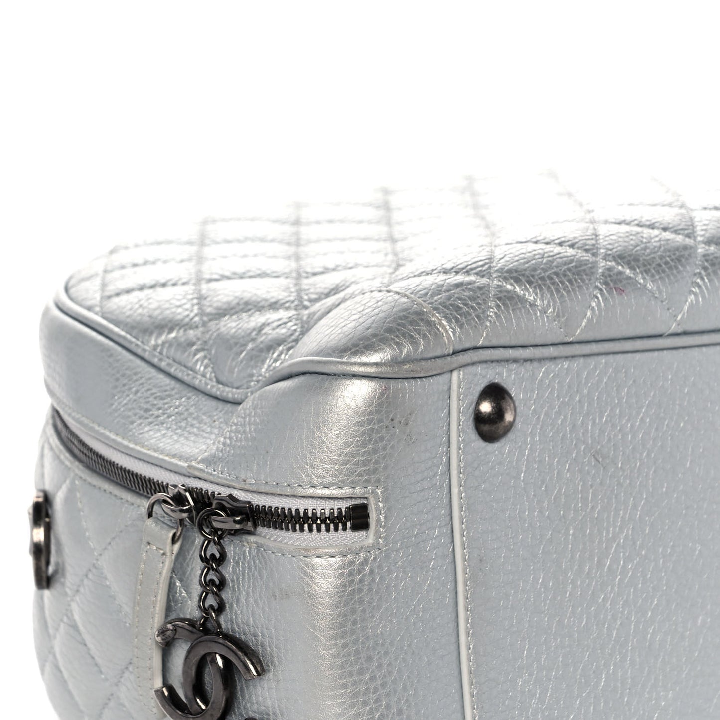 Metallic Calfskin Quilted Medium Airlines Round Trip Bowling Bag Silver