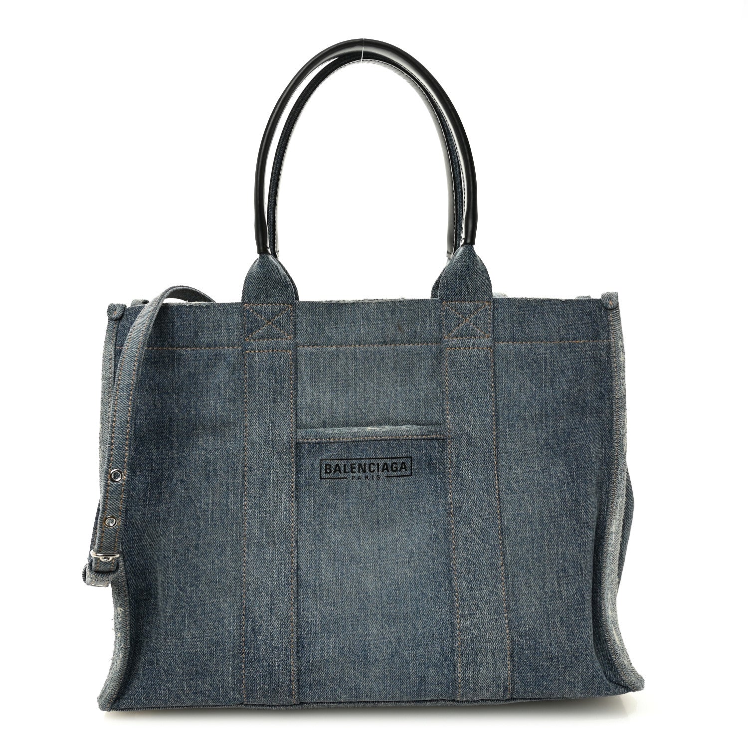 Balenciaga Washed Frayed Denim Logo Medium Hardware Tote Blue 1 of 12