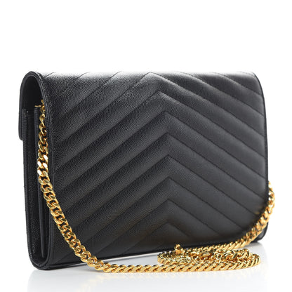 Saint Laurent Grain De Poudre Matelasse Chevron Monogram Chain Wallet Black 3 of 12