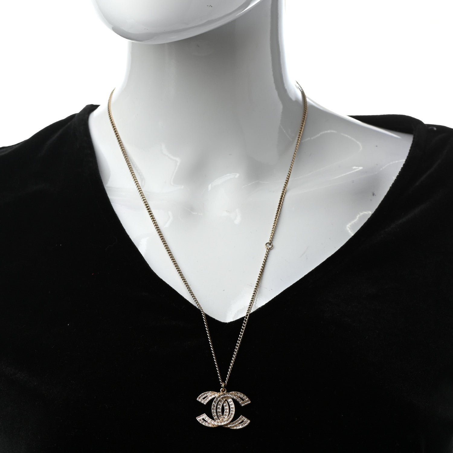 Chanel Metal Crystal Baguette CC Pendant Necklace Gold 2 of 5