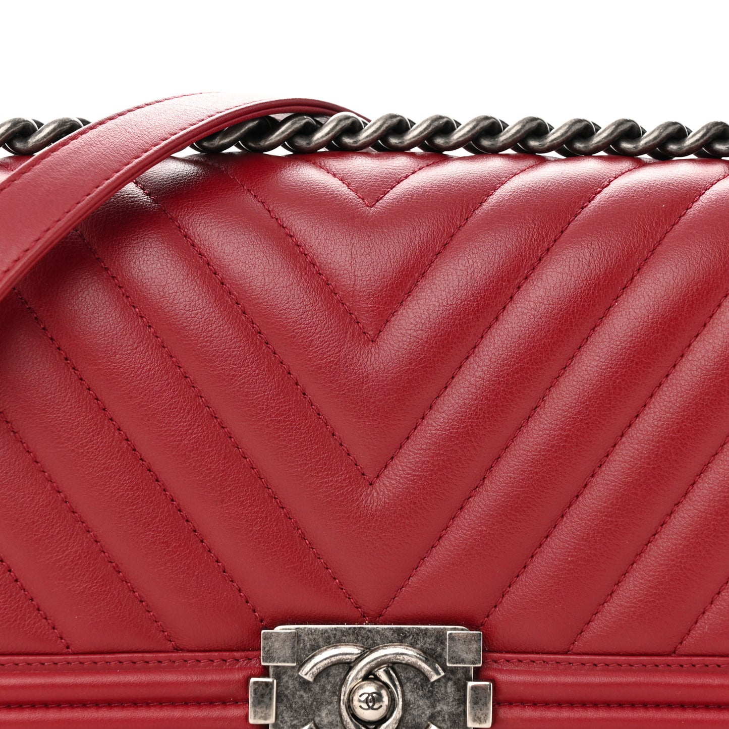 Calfskin Chevron Quilted Medium Boy Flap Dark Red