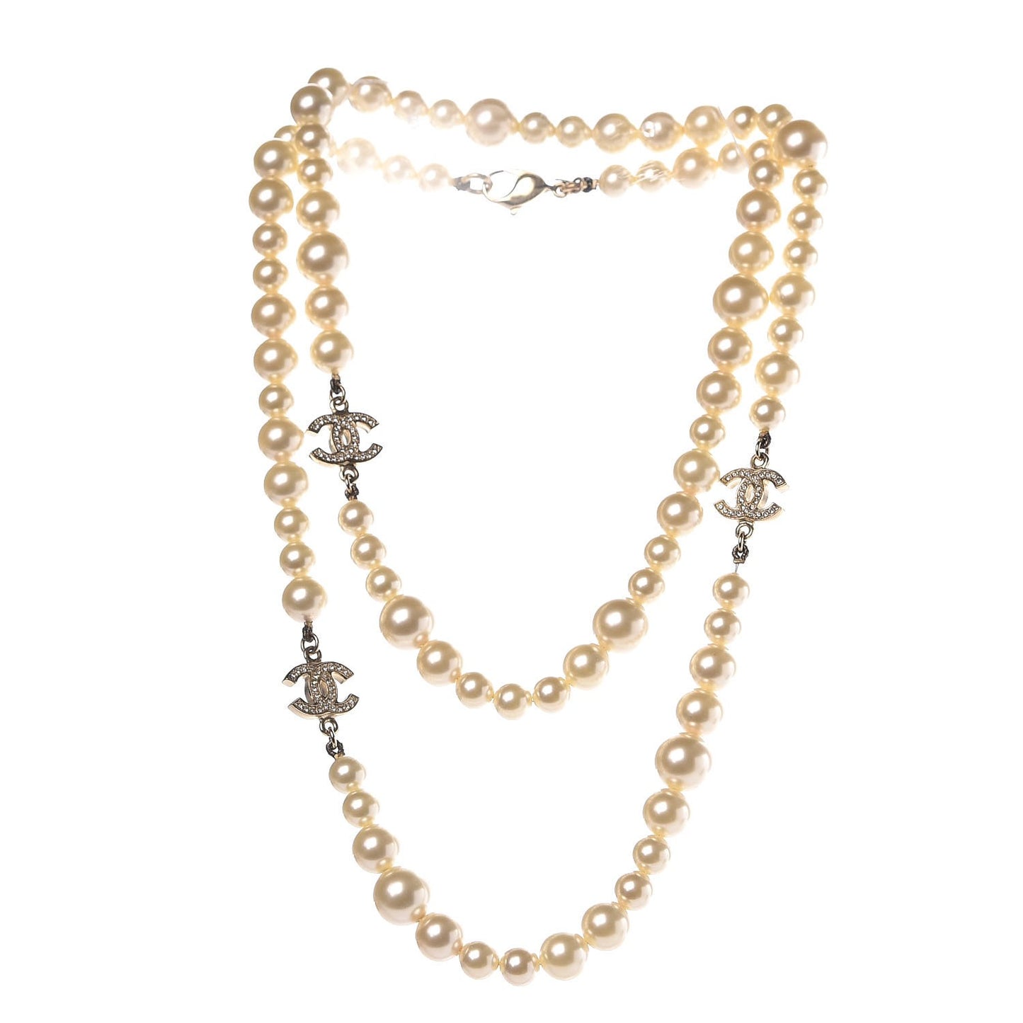 Graduated Pearl Crystal CC Long Necklace Light Gold