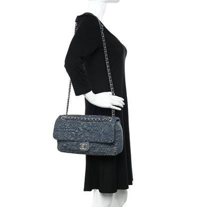 Chanel Denim Quilted Camellia Embroidered Large Flap Blue 2 of 11