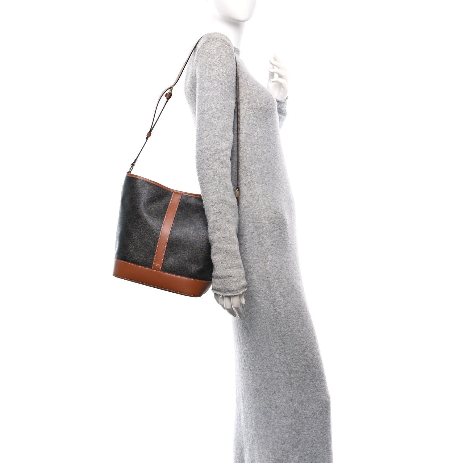 Celine Triomphe Canvas Calfskin Medium Bucket Bag Tan 2 of 10