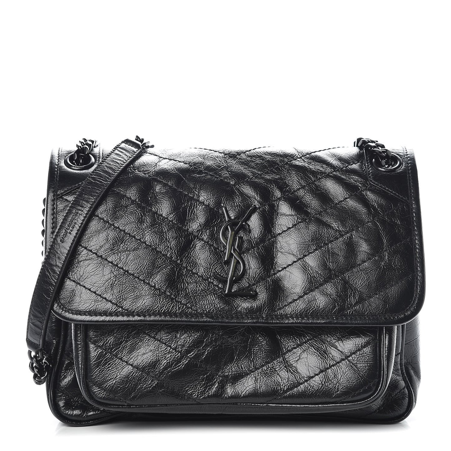 Crinkled Calfskin Matelasse Monogram Medium Niki Chain Satchel Black