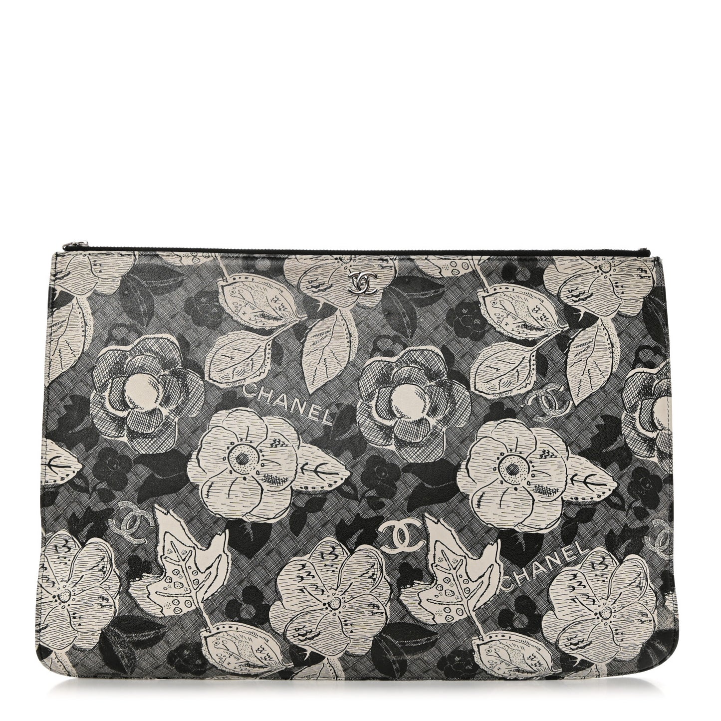 Coated Canvas Lambskin Quilted Large Camellia Cosmetic Case Black White