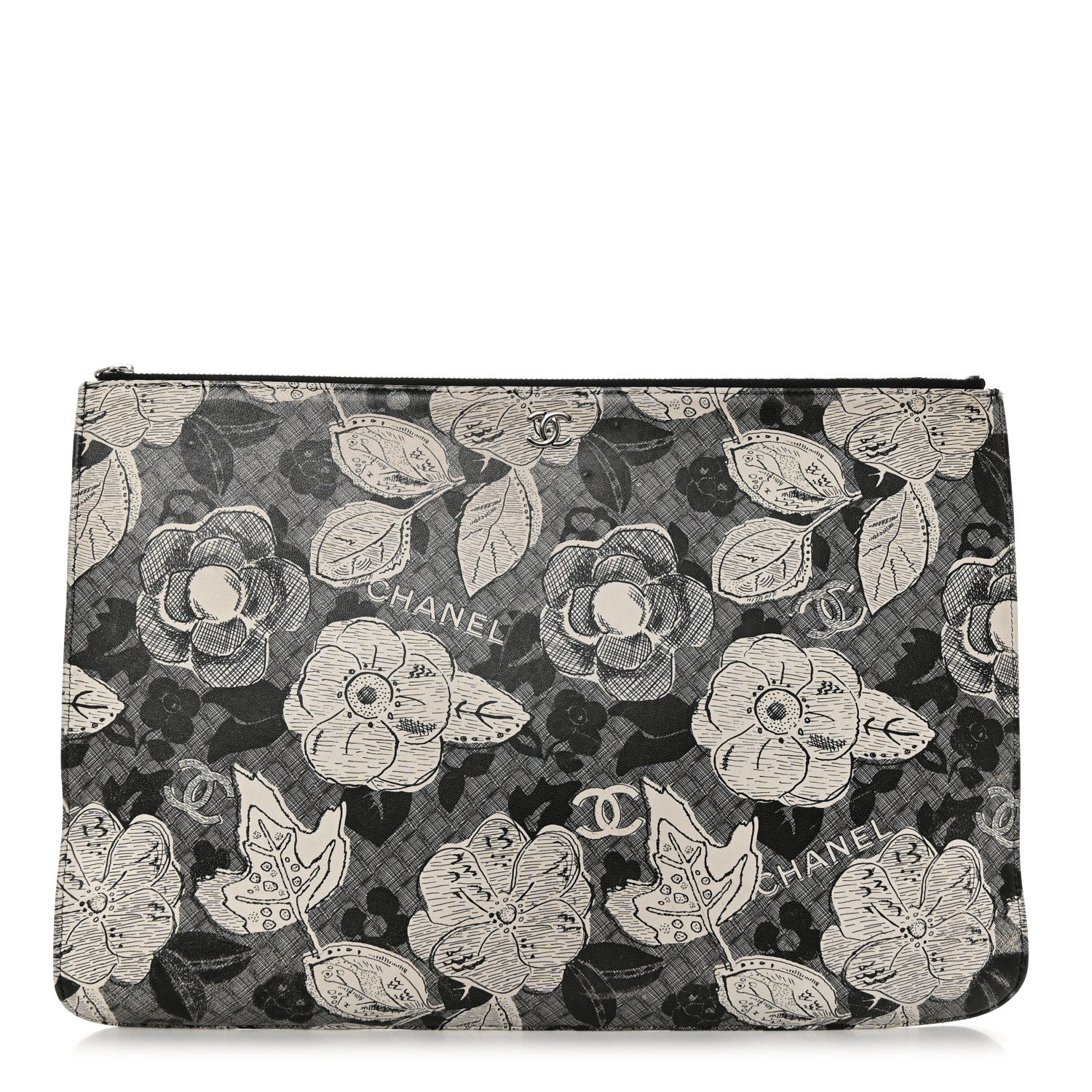 Chanel Coated Canvas Lambskin Quilted Large Camellia Cosmetic Case Black White 1 of 7