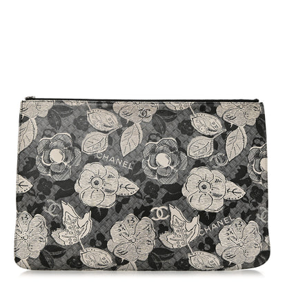 Chanel Coated Canvas Lambskin Quilted Large Camellia Cosmetic Case Black White 1 of 7