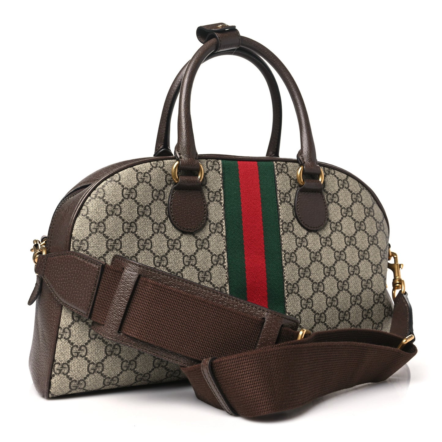 GG Supreme Monogram Textured Dollar Calfskin Web Medium Ophidia Top Handle Duffle Bag Beige Ebony New Acero