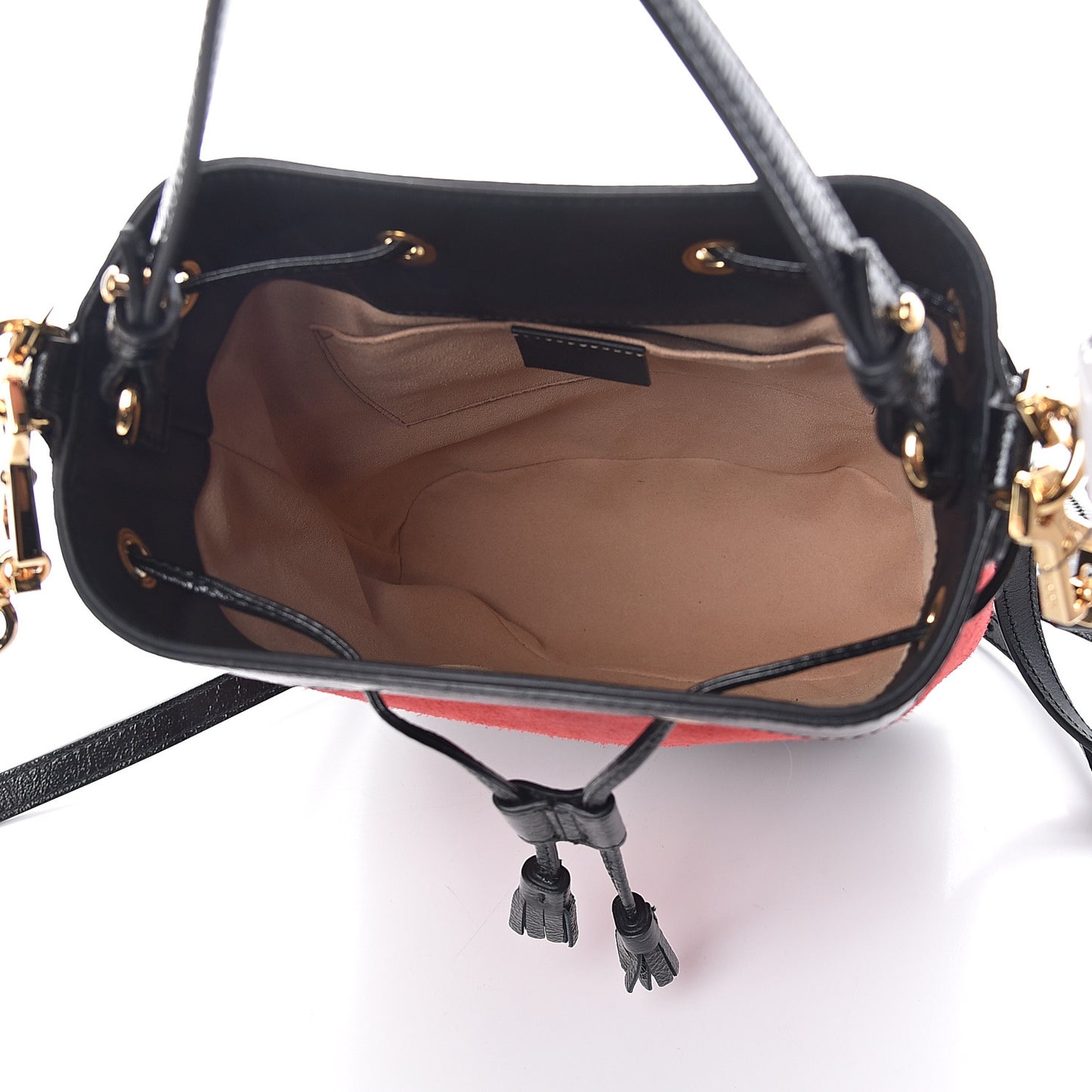 Suede Patent Web Small Ophidia Bucket Bag Hibiscus Red Black