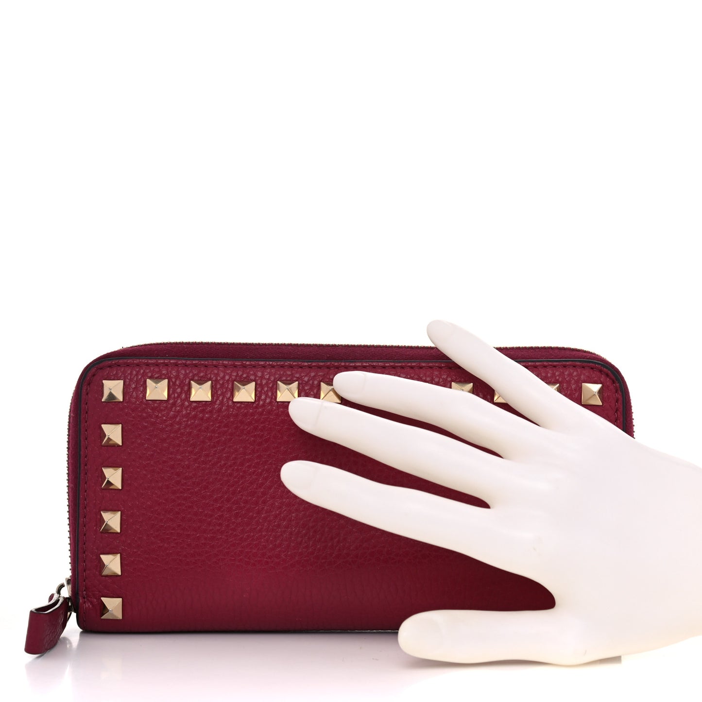 Pebbled Calfskin Rockstud Zip Around Wallet Raspberry