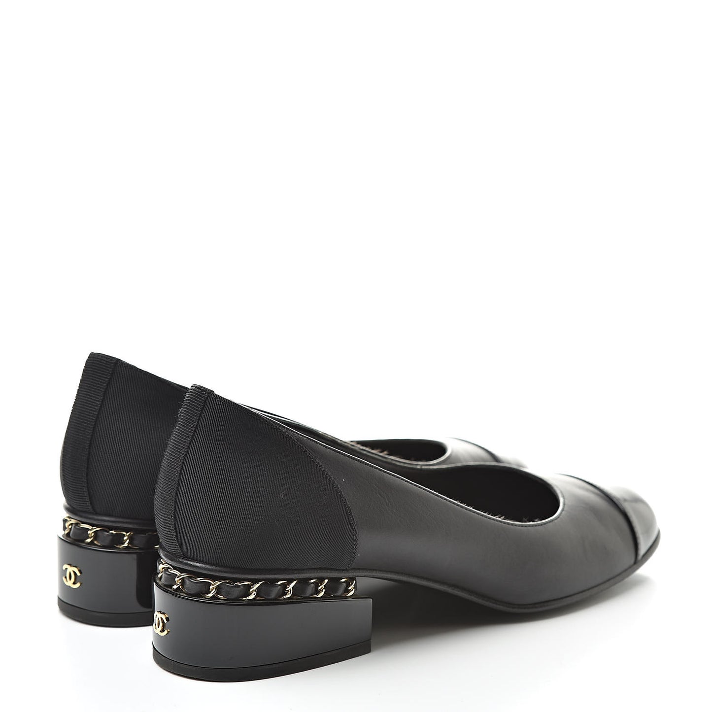 Lambskin Patent Cap Toe Low Heel Chain Pumps 36 Black