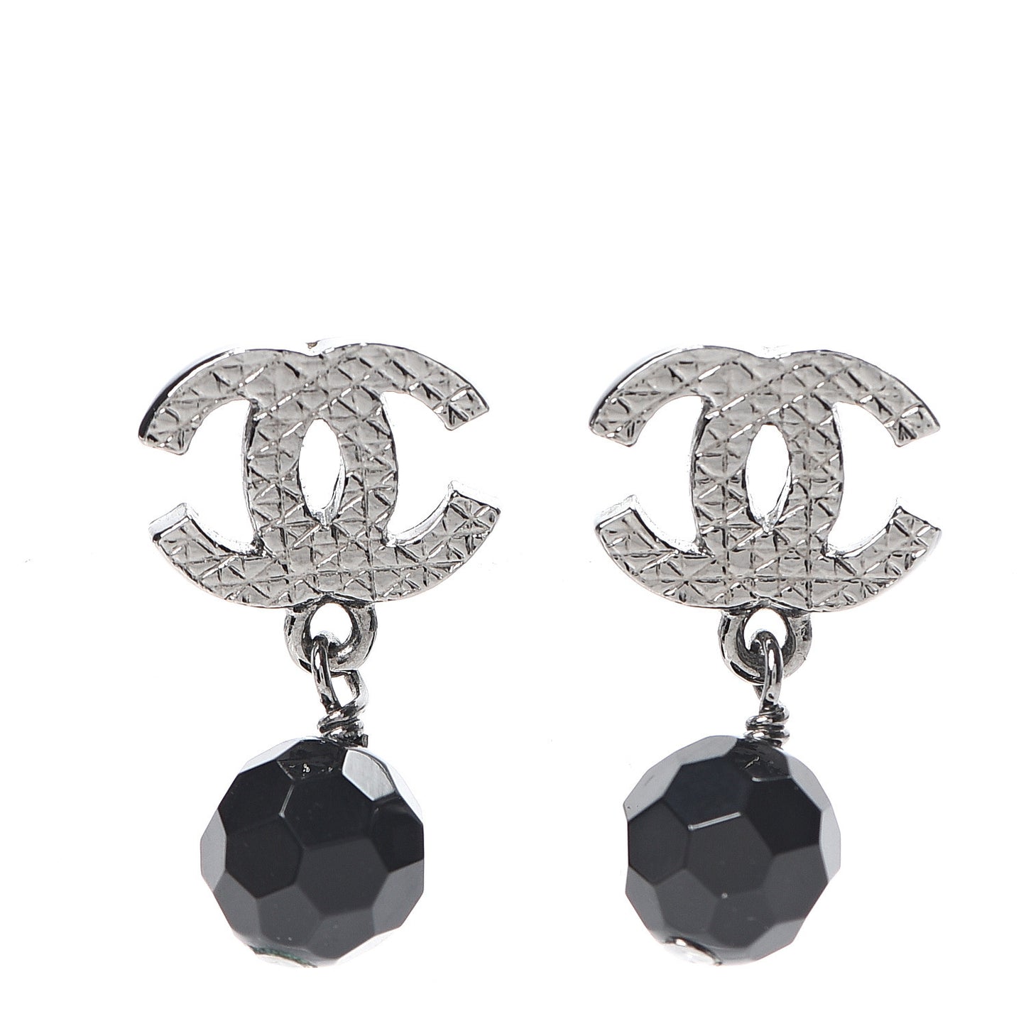 Beaded CC Dangle Earrings Silver Black