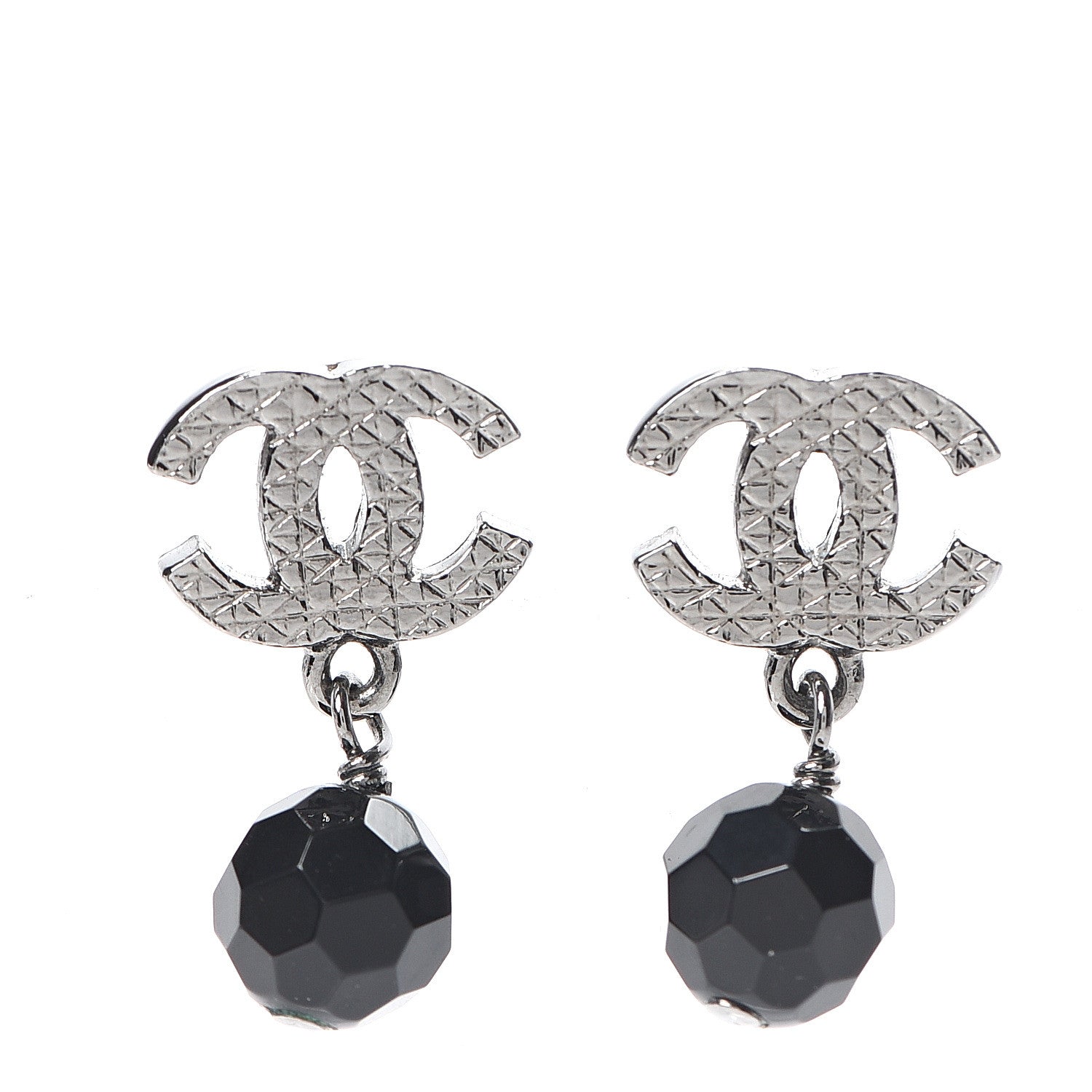 Chanel Beaded CC Dangle Earrings Silver Black 1 of 4