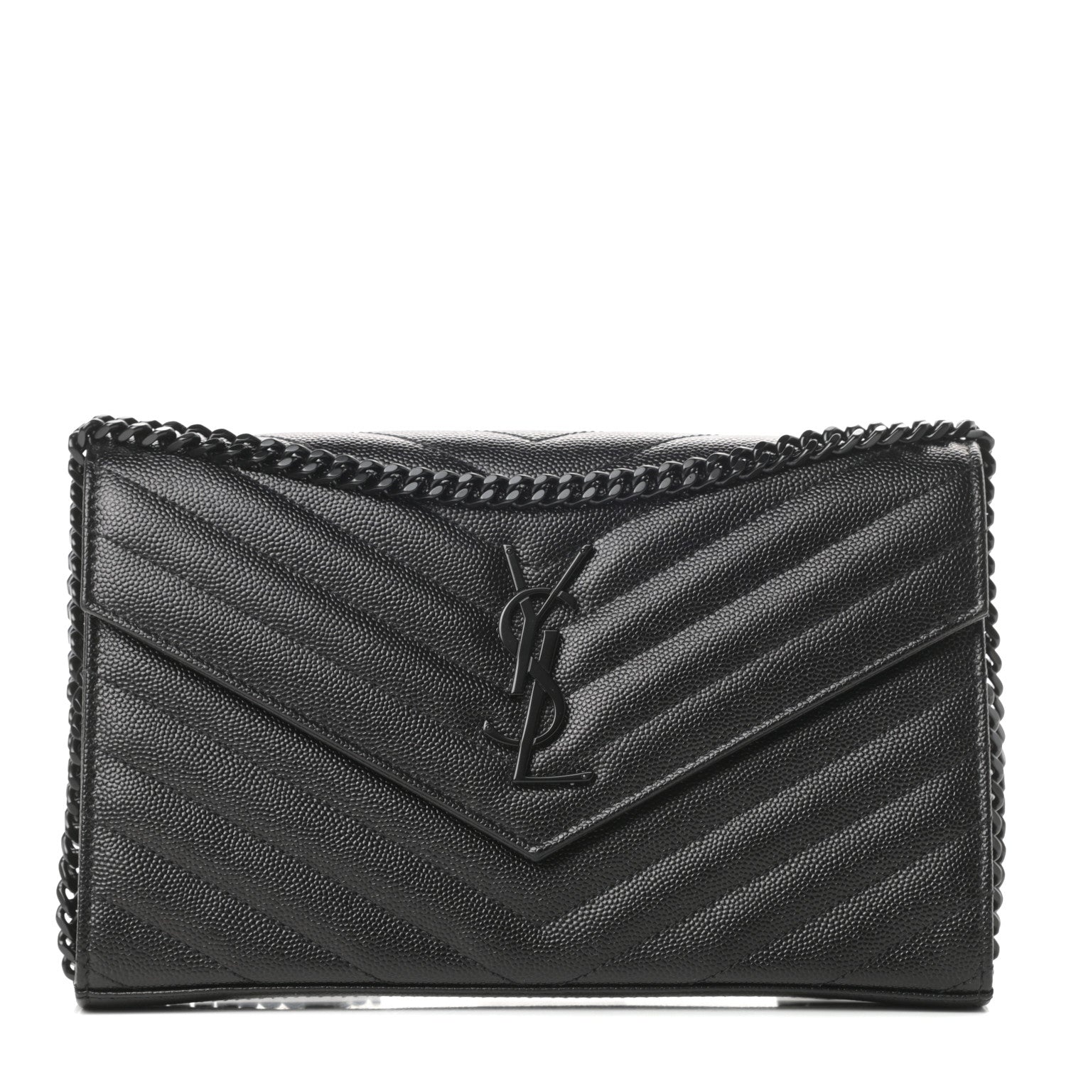 Saint Laurent Grain De Poudre Matelasse Chevron Monogram Chain Wallet Black 1 of 11