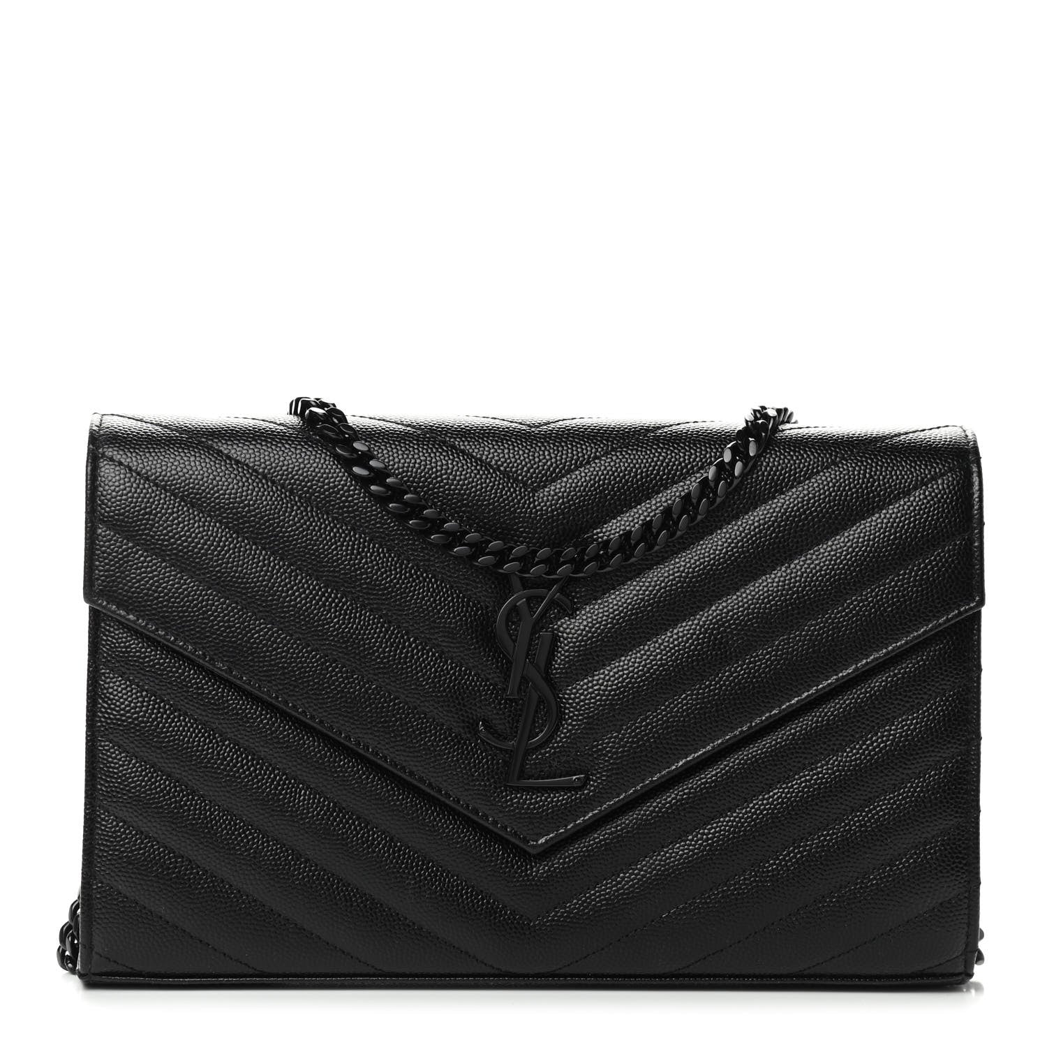 Saint Laurent Grain De Poudre Matelasse Chevron Monogram Chain Wallet Black 1 of 8