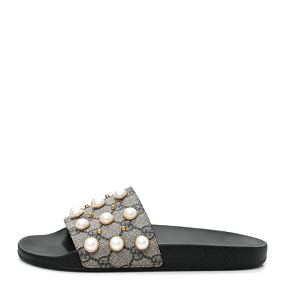 Gucci GG Supreme Monogram Pearls Slide Sandals 38 Beige 1 of 8