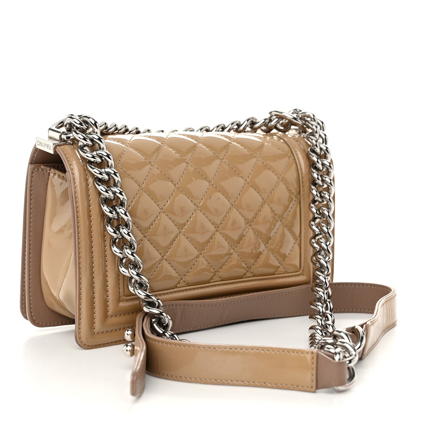Patent Calfskin Small Boy Flap Plexiglass Beige