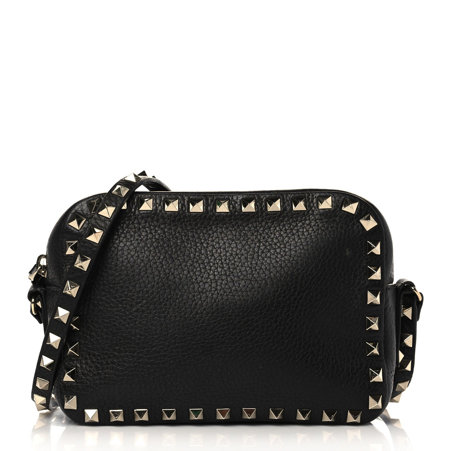 Pebbled Calfskin Rockstud Camera Crossbody Bag Black