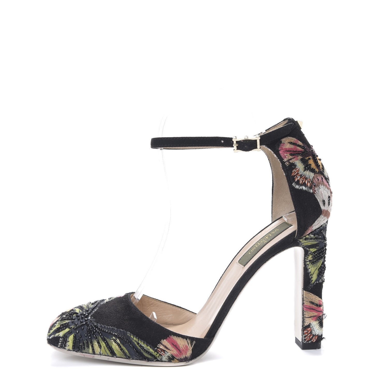 Embroidered Suede Butterfly d'Orsay Ankle Strap Pumps 38 Black