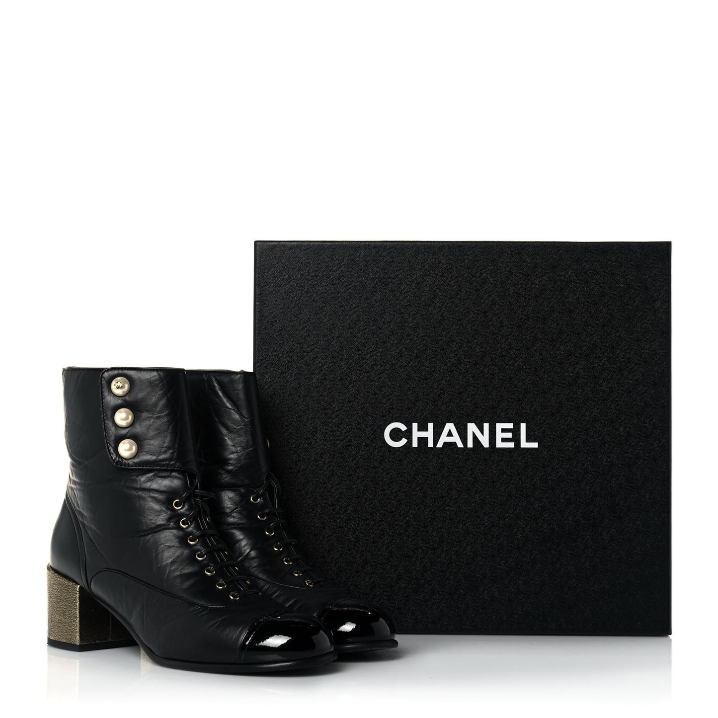 Calfskin Patent Pearl Short Boots 40 Black Gold