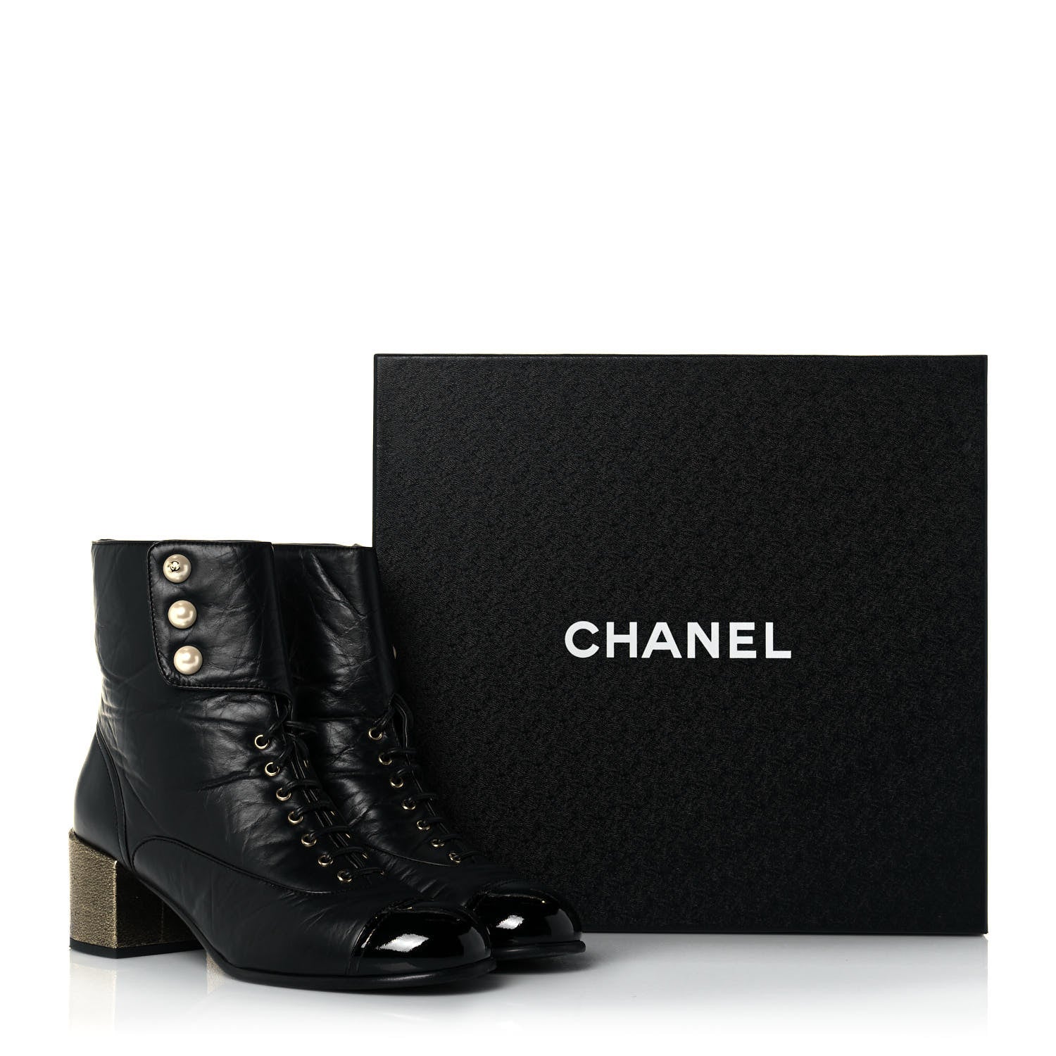 Chanel Calfskin Patent Pearl Short Boots 40 Black Gold 10 of 10