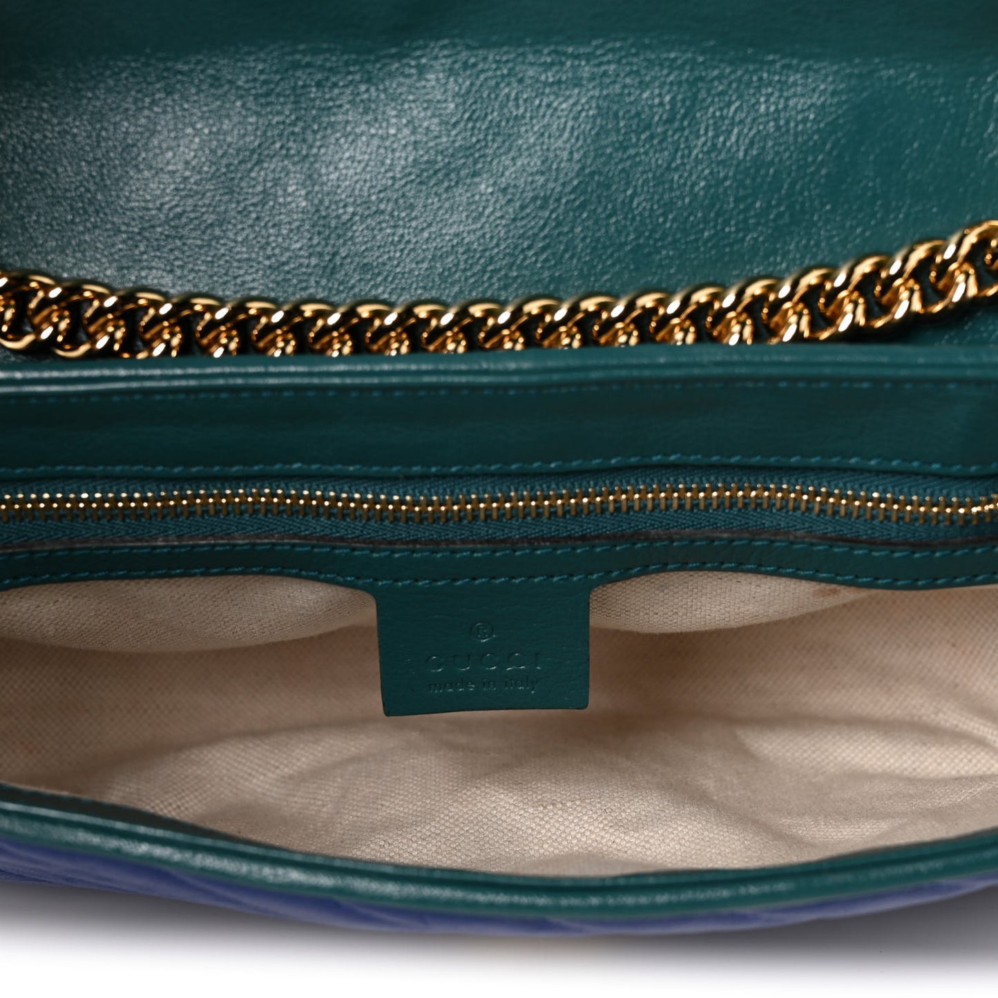 Azalea Calfskin Enamel Matelasse Diagonal Small Torchon GG Marmont Shoulder Bag Imperial Blue Pavone