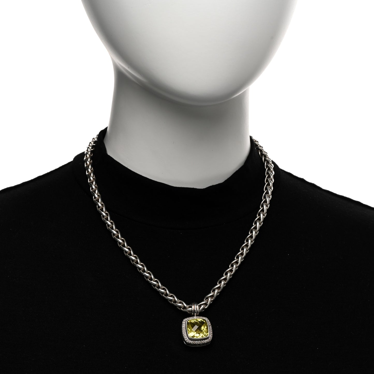 Sterling Silver 14K Yellow Gold Diamond Lemon Citrine Albion Pendant Wheat Chain Necklace