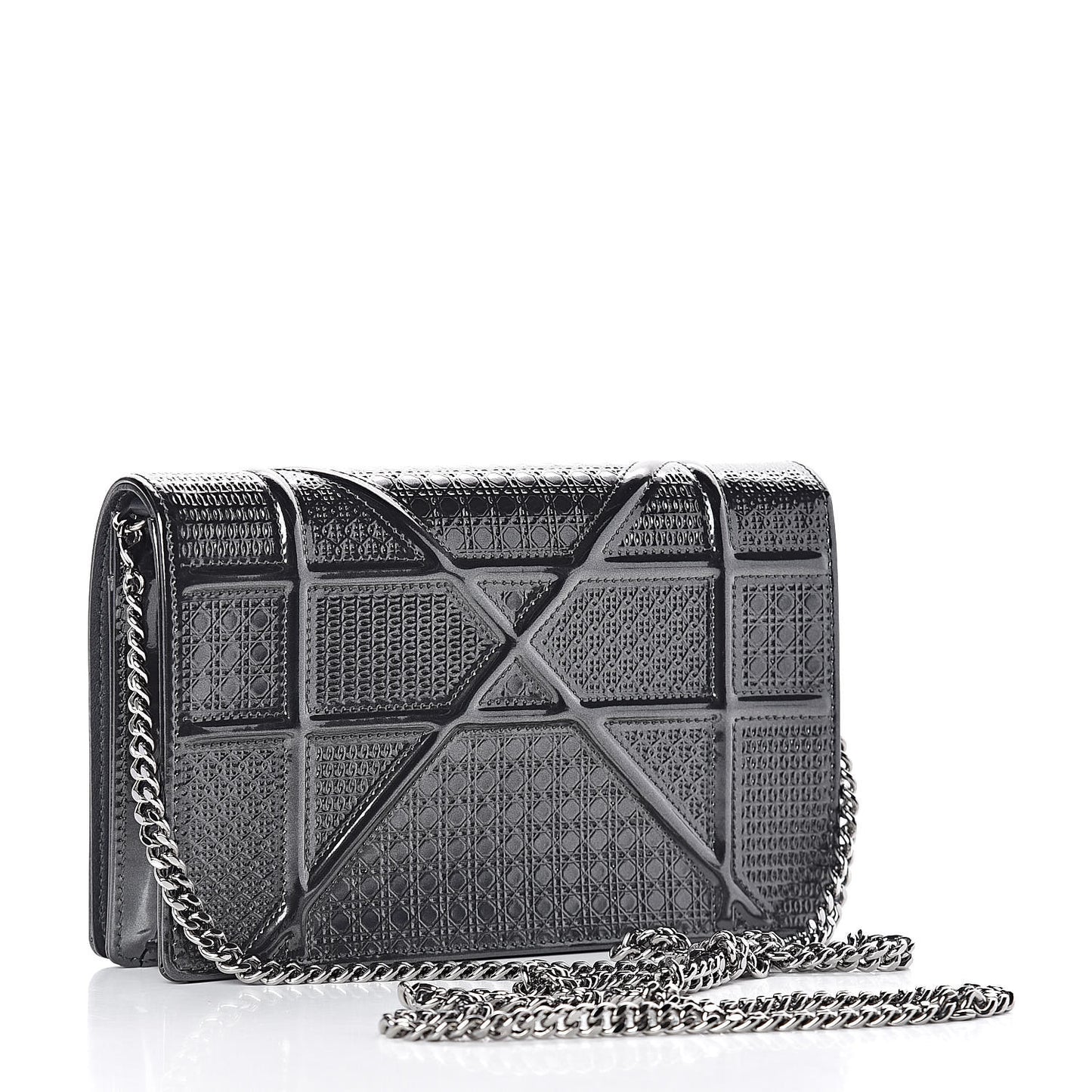 Metallic Patent Micro-Cannage Diorama Wallet on Chain Pouch Onyx Black