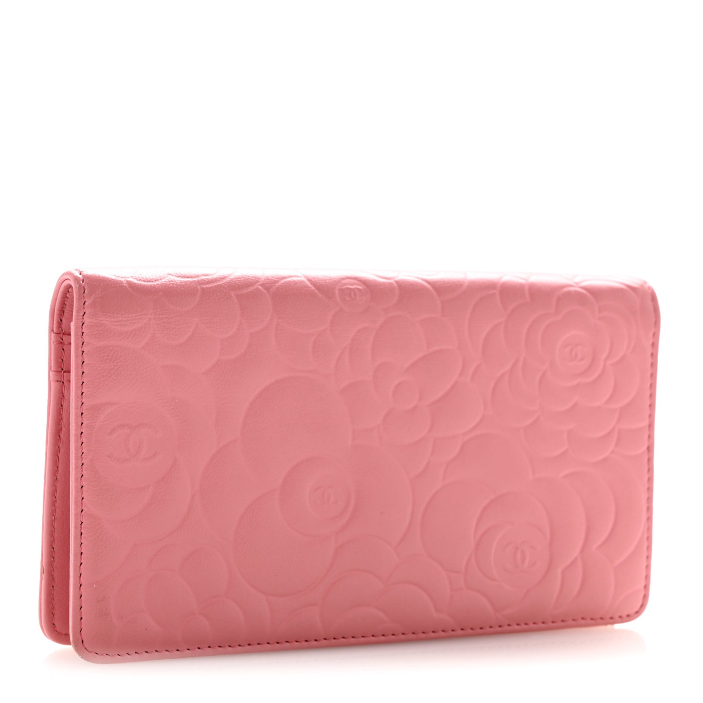 Lambskin Camellia Embossed Yen Wallet Pink