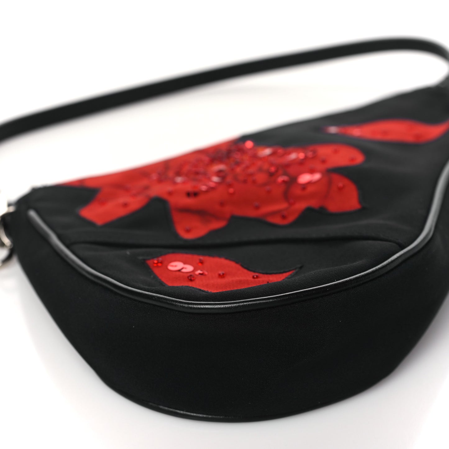 Canvas Stitched Flower Sequins Mini Saddle Pochette Black Red